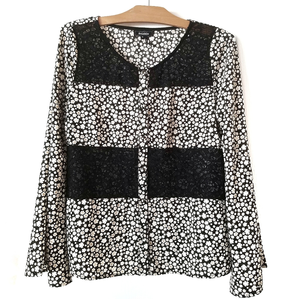 Soieblu Floral Blouse flare sleeve lace panels black cottage core fairy grunge